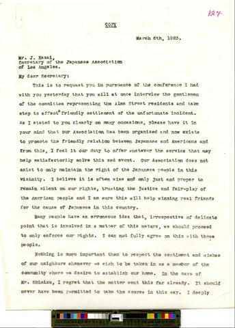 Letter from Sei Fujii, President, Japanese Association of Los Angeles to J. Kasai, Secretary of Japanese Association, regarding anti-sentiment letter to Sheriff from Consul of Japan (5 pages), March 6, 1923 [b001] [f019] [019_024] show page link