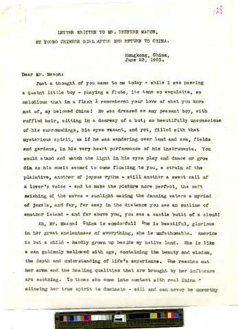 Letter to Mr. Redfern Mason from young Chinese girl after her return to China (4 pages), June 23, 1923 [b001] [f019] [045_052] show page link