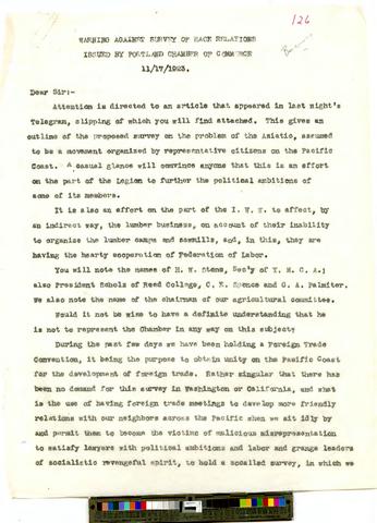 Warning against Survey of Race Relations issued by Portland Chamber of Commerce (2 pages), November 17, 1923 [b001] [f019] [031_034] show page link