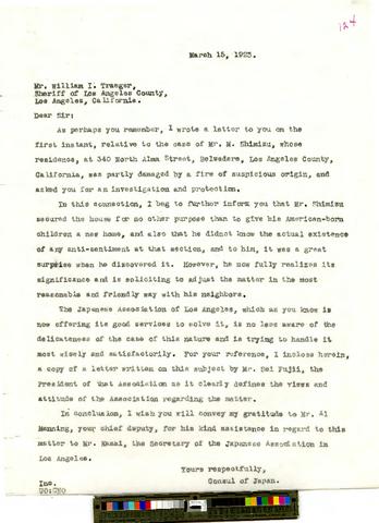 Letter from Sei Fujii, President, Japanese Association of Los Angeles to J. Kasai, Secretary of Japanese Association, regarding anti-sentiment letter to Sheriff from Consul of Japan (5 pages), March 6, 1923 [b001] [f019] [025_026] show page link